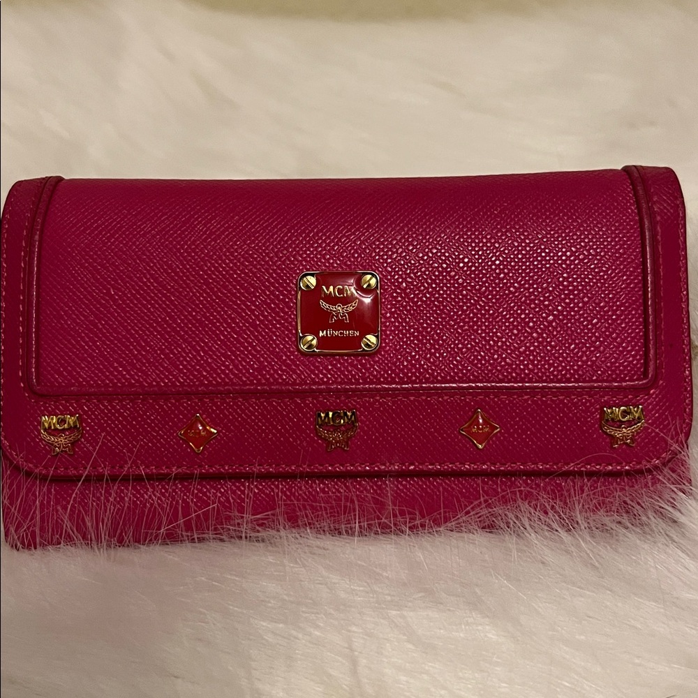 MCM Hot Pink Saffiano Leather Continental Wallet with Gold Hardware